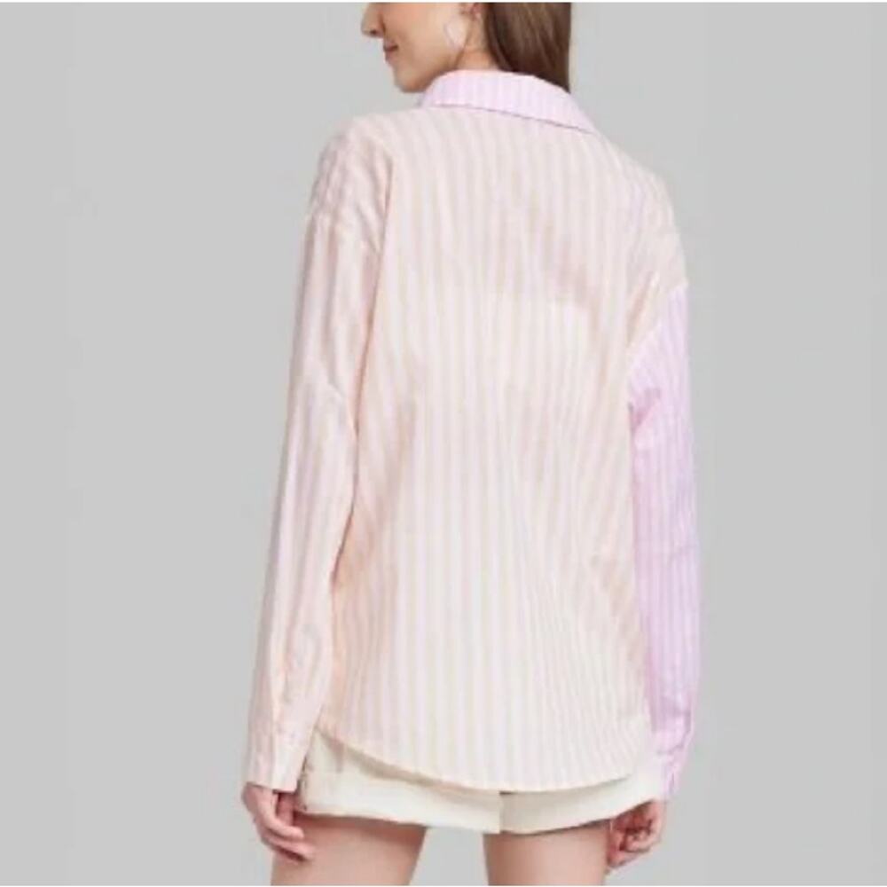 WILD FABLE Colorblock Striped Long Sleeve Button Up Shirt Yellow Pink Womens L - Picture 2 of 9